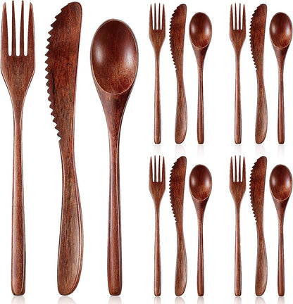 12 Pcs Wooden Utensils for Eating Wooden Spoon Fork Knife Cutlery Set Kitchen Wood Dinner Flatware Tableware V1258-DP02-C-290
