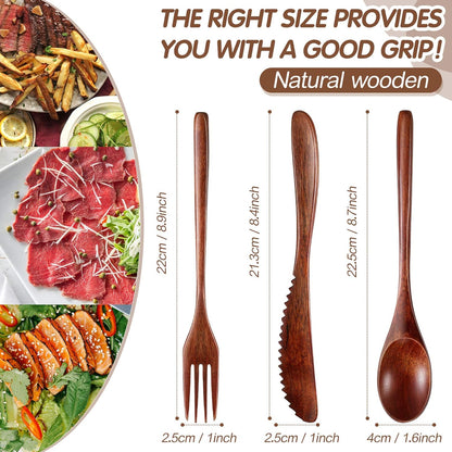 12 Pcs Wooden Utensils for Eating Wooden Spoon Fork Knife Cutlery Set Kitchen Wood Dinner Flatware Tableware V1258-DP02-C-290