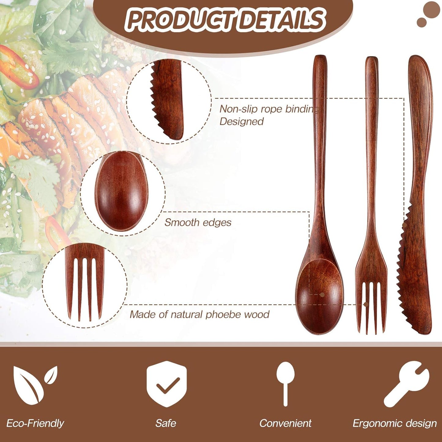 12 Pcs Wooden Utensils for Eating Wooden Spoon Fork Knife Cutlery Set Kitchen Wood Dinner Flatware Tableware V1258-DP02-C-290