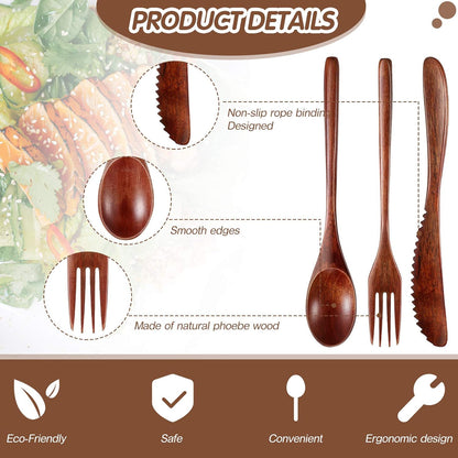 12 Pcs Wooden Utensils for Eating Wooden Spoon Fork Knife Cutlery Set Kitchen Wood Dinner Flatware Tableware V1258-DP02-C-290