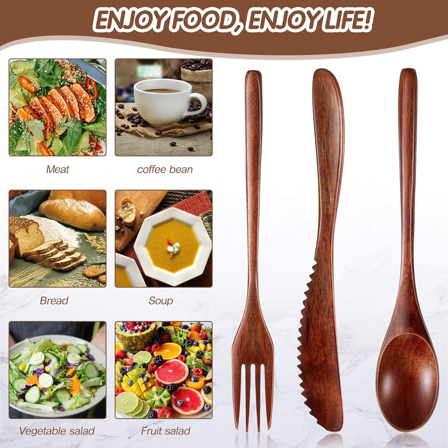 12 Pcs Wooden Utensils for Eating Wooden Spoon Fork Knife Cutlery Set Kitchen Wood Dinner Flatware Tableware V1258-DP02-C-290