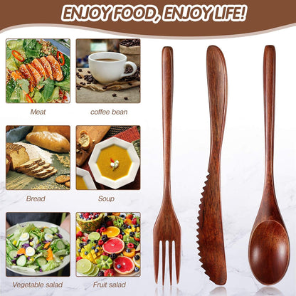 12 Pcs Wooden Utensils for Eating Wooden Spoon Fork Knife Cutlery Set Kitchen Wood Dinner Flatware Tableware V1258-DP02-C-290