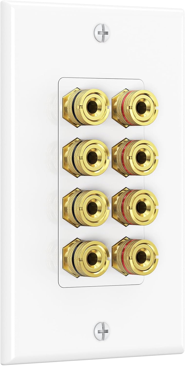 Speaker Wire Wall Plate, Gold Plated Speaker Wall Plate with Banana Plug Binding Post for 4 Speakers, White V1258-DP02-C-2967