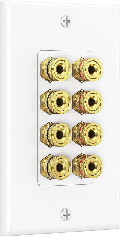Speaker Wire Wall Plate, Gold Plated Speaker Wall Plate with Banana Plug Binding Post for 4 Speakers, White V1258-DP02-C-2967