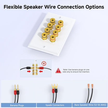 Speaker Wire Wall Plate, Gold Plated Speaker Wall Plate with Banana Plug Binding Post for 4 Speakers, White V1258-DP02-C-2967