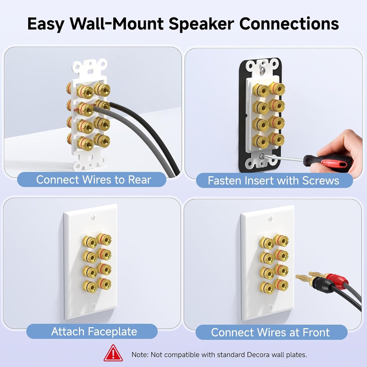 Speaker Wire Wall Plate, Gold Plated Speaker Wall Plate with Banana Plug Binding Post for 4 Speakers, White V1258-DP02-C-2967