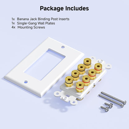 Speaker Wire Wall Plate, Gold Plated Speaker Wall Plate with Banana Plug Binding Post for 4 Speakers, White V1258-DP02-C-2967