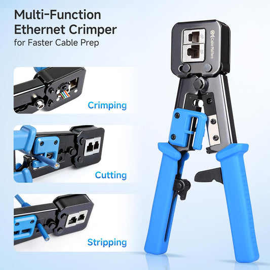 Modular RJ45 Crimp Tool for Pass-Through Connectors (Pass-Through Ethernet Crimper) with Built-in Wire Cutter V1258-DP02-C-2980