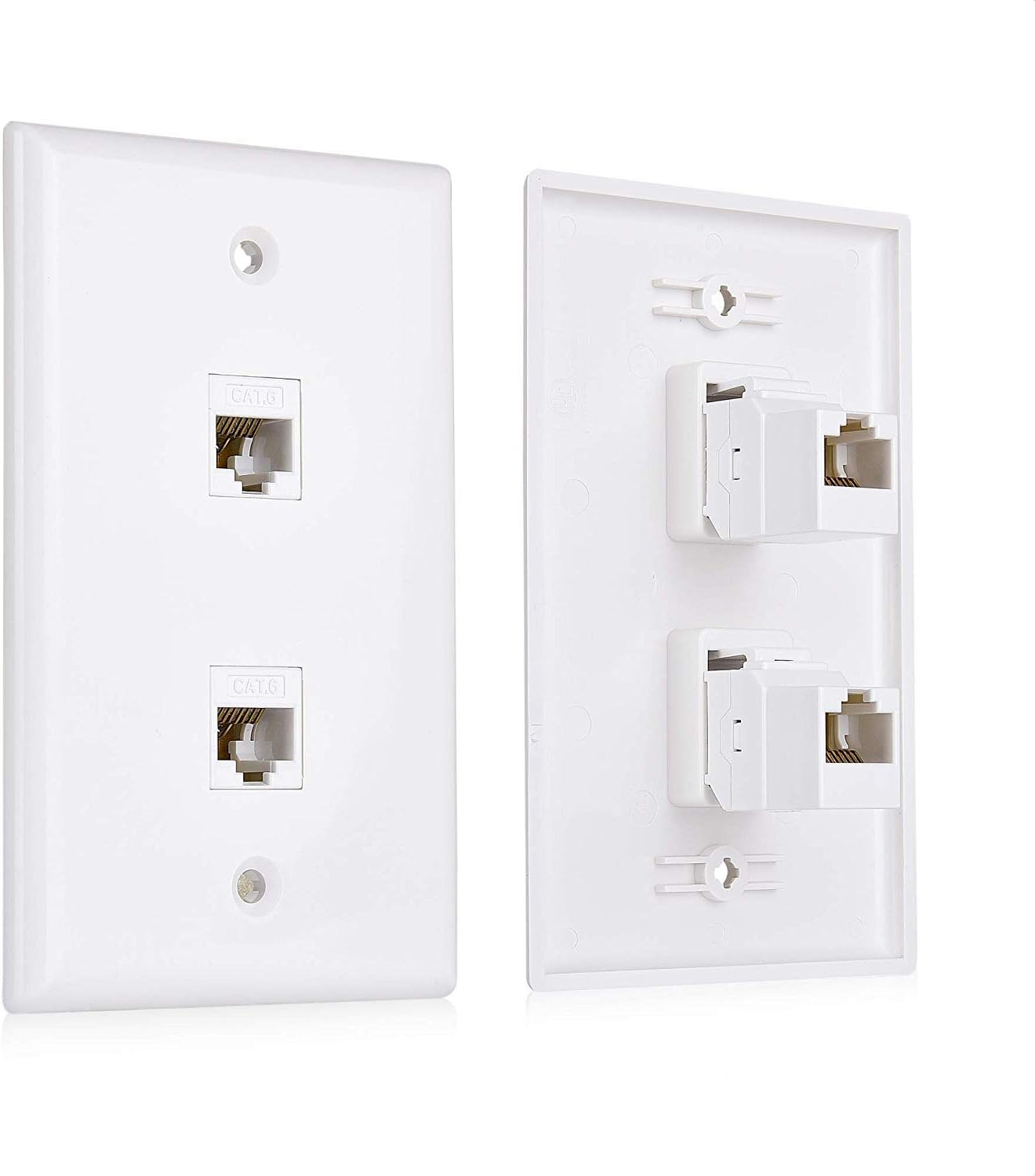 2-Pack 2-Port Ethernet Wall Plate, Cat6 Wall Plate with White RJ45 Keystone Jack, Ethernet Jack Outlet in V1258-DP02-C-2982