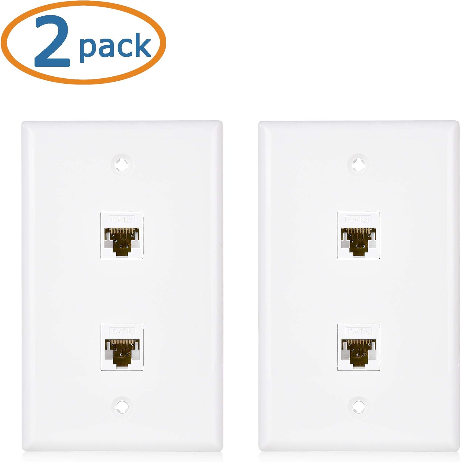 2-Pack 2-Port Ethernet Wall Plate, Cat6 Wall Plate with White RJ45 Keystone Jack, Ethernet Jack Outlet in V1258-DP02-C-2982