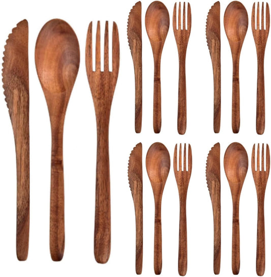 12 Pcs Wooden Utensils for Eating Set Wooden Spoon Fork Knife Cutlery Set Kitchen Wood Utensils Dinner V1258-DP02-C-299