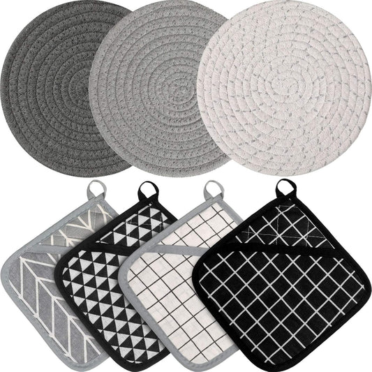 7 Pieces Square Pot Holders Washable Heat Resistant Pocket Mitt with Hanging Loop and Round Thread Weave V1258-DP02-C-303