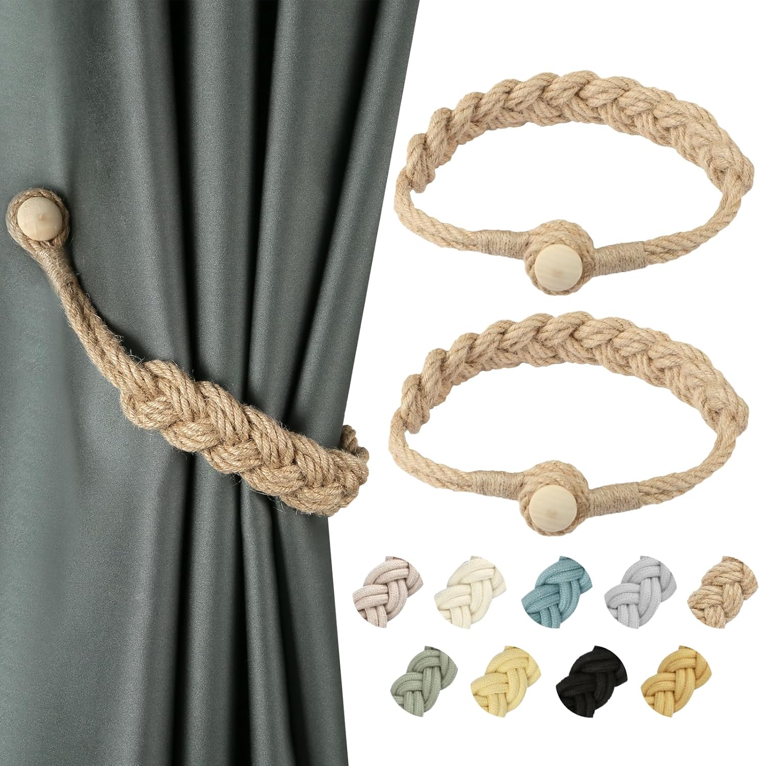 Jute Curtain Tiebacks Magnetic Woven Curtain Holdback Drapery Tie-Back (Jute-2Pack) V1258-DP02-C-3032