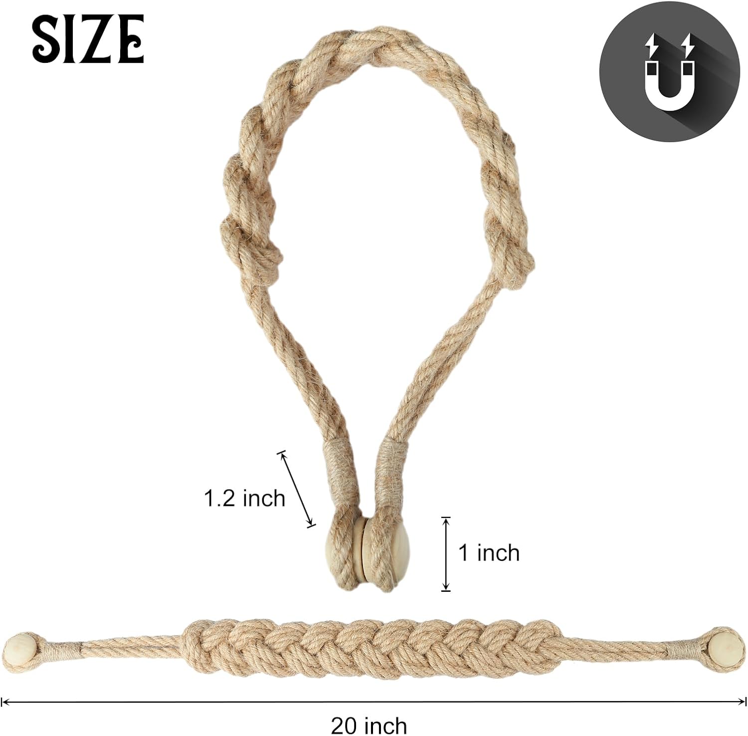 Jute Curtain Tiebacks Magnetic Woven Curtain Holdback Drapery Tie-Back (Jute-2Pack) V1258-DP02-C-3032