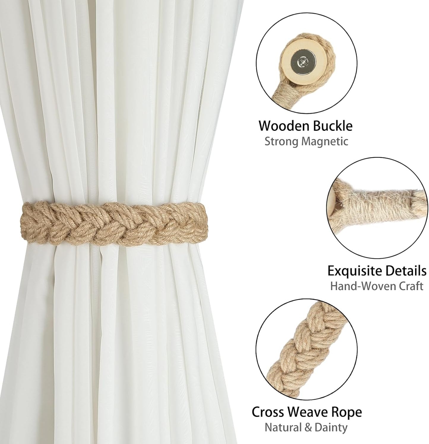 Jute Curtain Tiebacks Magnetic Woven Curtain Holdback Drapery Tie-Back (Jute-2Pack) V1258-DP02-C-3032