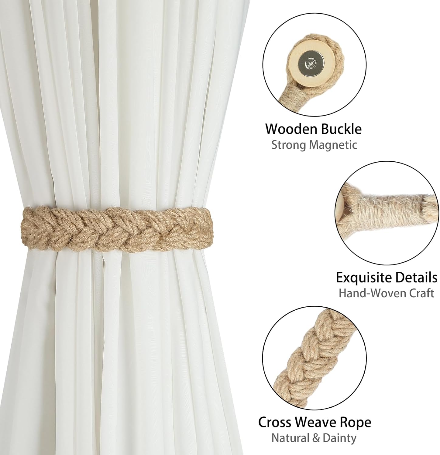Jute Curtain Tiebacks Magnetic Woven Curtain Holdback Drapery Tie-Back (Jute-2Pack) V1258-DP02-C-3032
