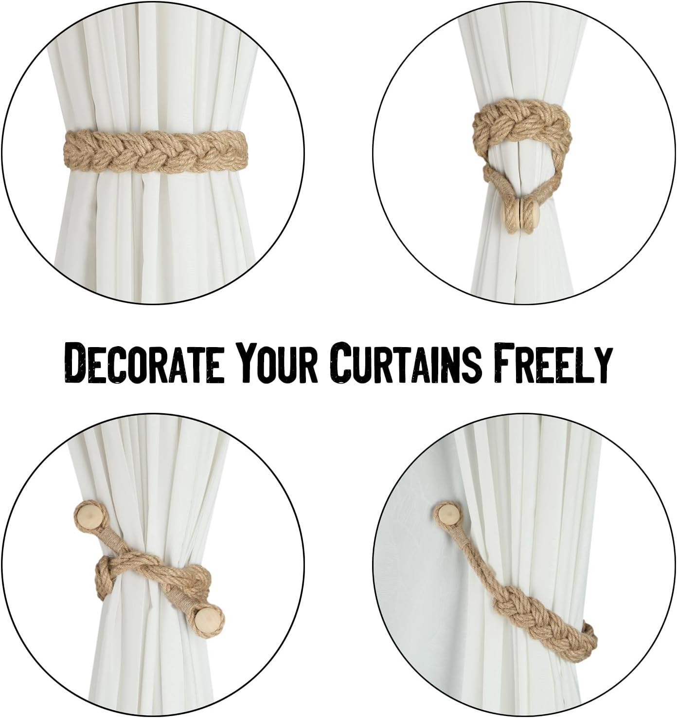 Jute Curtain Tiebacks Magnetic Woven Curtain Holdback Drapery Tie-Back (Jute-2Pack) V1258-DP02-C-3032
