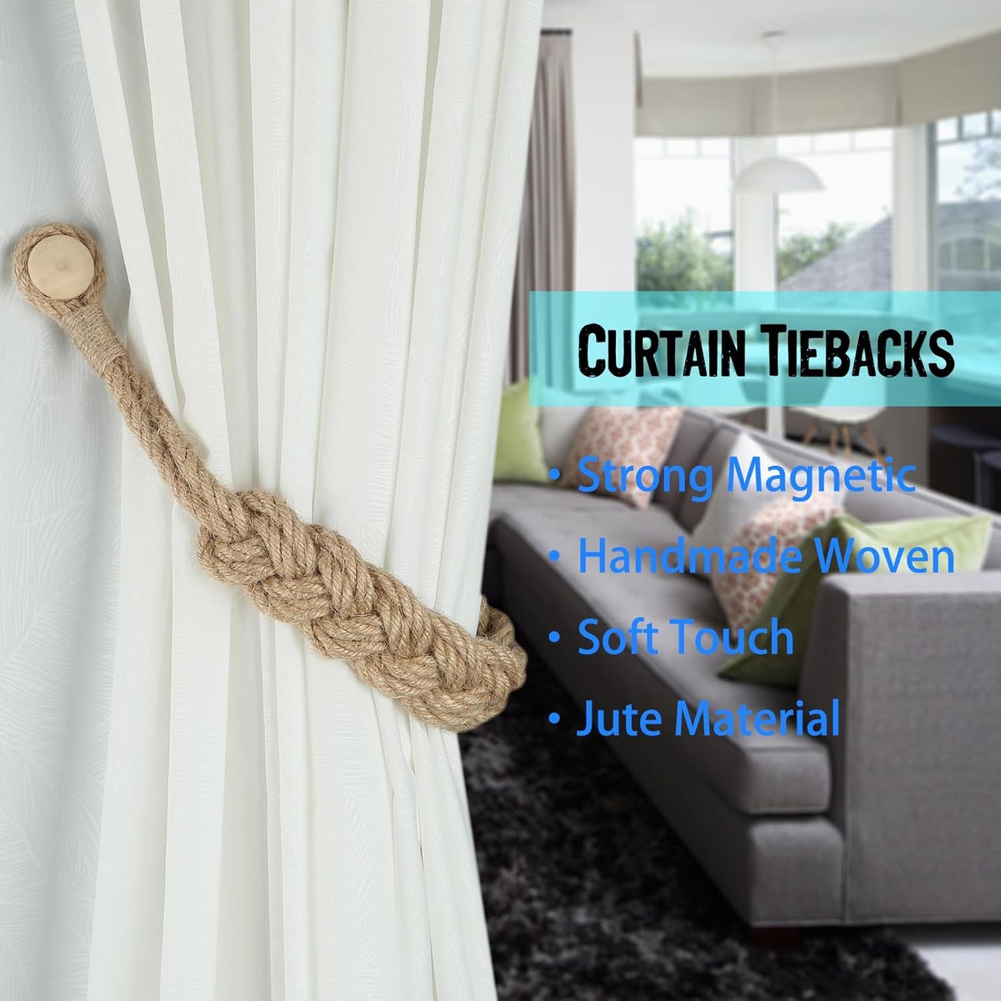 Jute Curtain Tiebacks Magnetic Woven Curtain Holdback Drapery Tie-Back (Jute-2Pack) V1258-DP02-C-3032