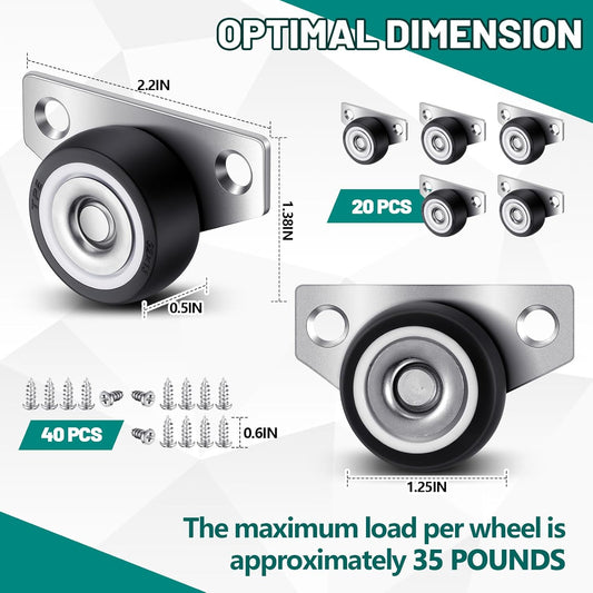 20 Set 1.25 Inch Small Side Mount Caster Wheels Little Drawer Rollers Mini Low Profile Casters Non Swivel V1258-DP02-C-3040