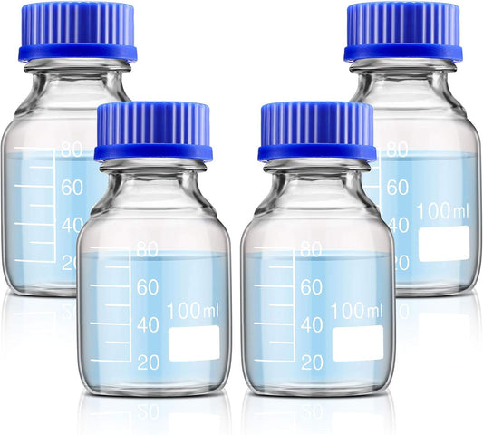 4 Pieces Glass Round Media Storage Glass Bottles Borosilicate Media Bottles with GL45 Blue Screw Cap for Lab V1258-DP02-C-309