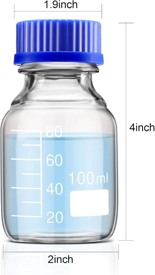 4 Pieces Glass Round Media Storage Glass Bottles Borosilicate Media Bottles with GL45 Blue Screw Cap for Lab V1258-DP02-C-309