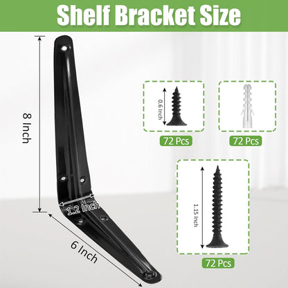 24 Pack Shelf Brackets 8 x 6 Inch, Heavy Duty Black Metal Floating Shelf Bracket, L Bracket Corner Brace V1258-DP02-C-3091
