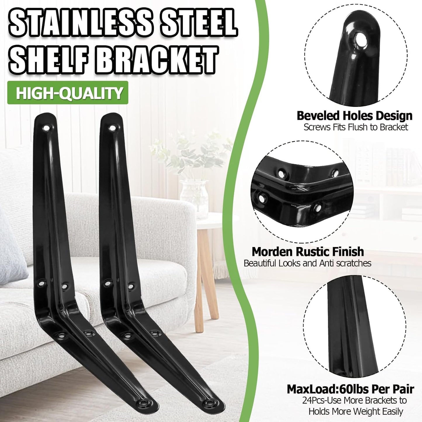 24 Pack Shelf Brackets 8 x 6 Inch, Heavy Duty Black Metal Floating Shelf Bracket, L Bracket Corner Brace V1258-DP02-C-3091