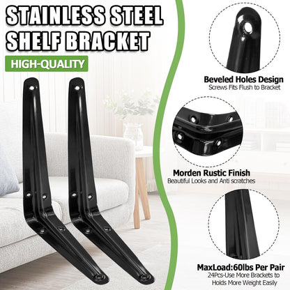24 Pack Shelf Brackets 8 x 6 Inch, Heavy Duty Black Metal Floating Shelf Bracket, L Bracket Corner Brace V1258-DP02-C-3091