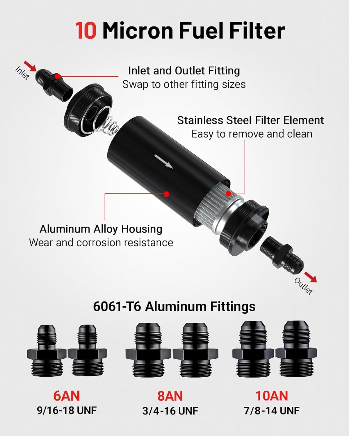 Inline Fuel Filter 10 Micron with 6AN 8AN 10AN Adapter&Bracket Clamp 50MM Universal V1258-DP02-C-3099