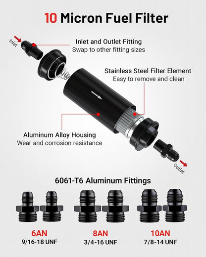 Inline Fuel Filter 10 Micron with 6AN 8AN 10AN Adapter&Bracket Clamp 50MM Universal V1258-DP02-C-3099