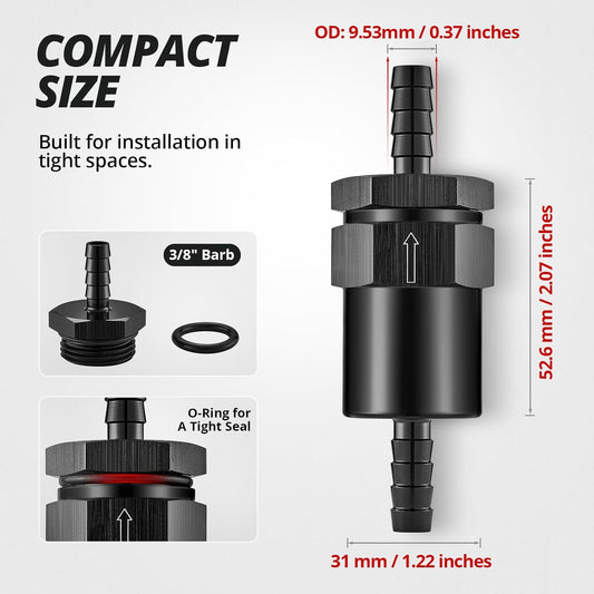 3/8" Barb Billet Inline Fuel Filter 30 Micron Aluminum Black for Car EFI & Carb Fuel Systems, Motorcycle and V1258-DP02-C-3103