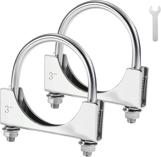 3" Heavy Duty U Bolt Exhaust Clamp, 3 Inch Stainless Steel U Muffler Clamps, Saddle Style, 2PCS V1258-DP02-C-3104