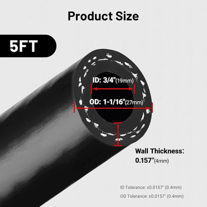 3/4" Silicone Heater Hose Radiator Coolant Hose Straight SAE J20R3 CLASS-A 60PSI 5FT Black V1258-DP02-C-3106