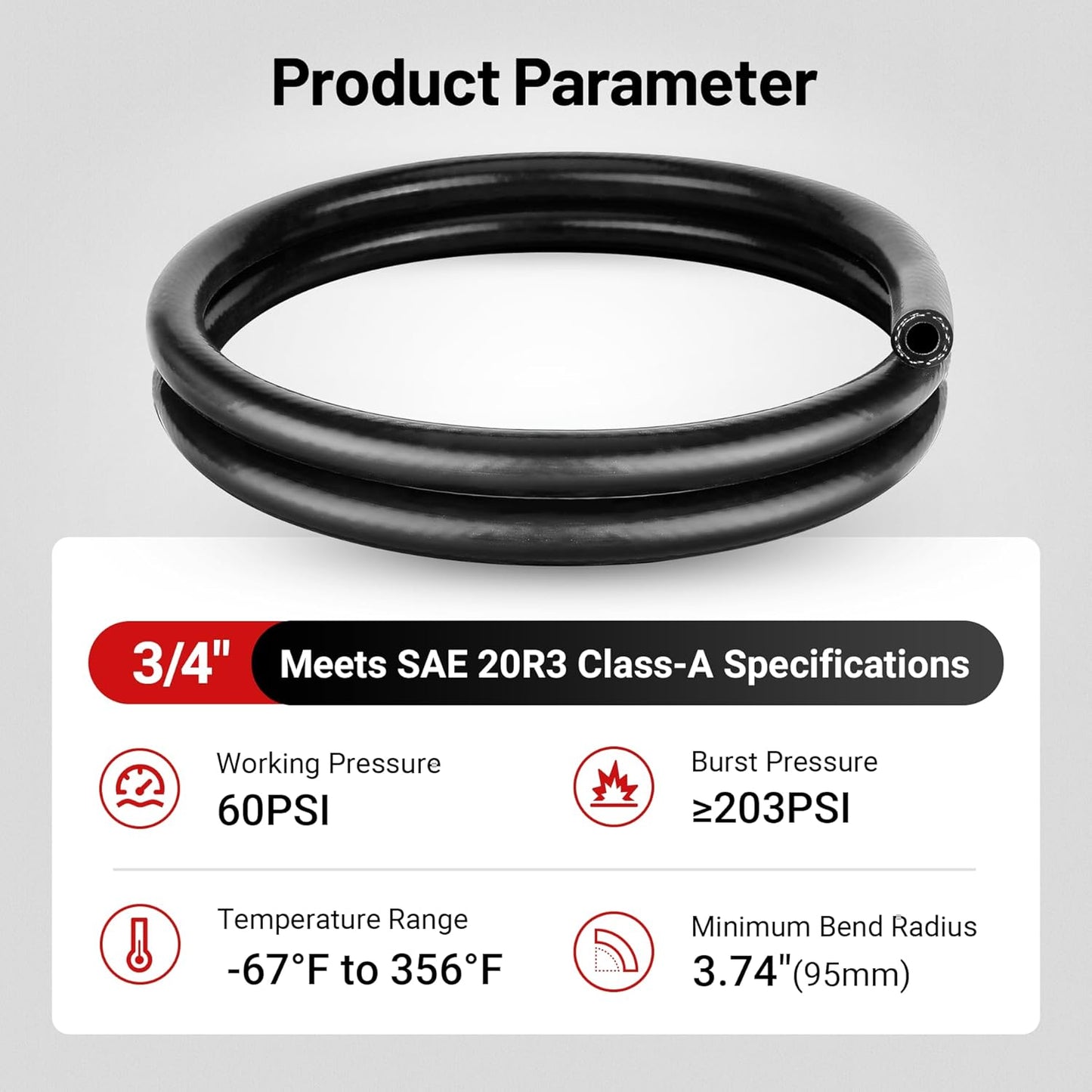 3/4" Silicone Heater Hose Radiator Coolant Hose Straight SAE J20R3 CLASS-A 60PSI 5FT Black V1258-DP02-C-3106