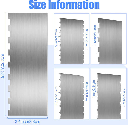 4 Pieces Stainless Steel Cake Scraper Smoother Large Double Sided Patterned Edge Stripe 9 Inch Metal Cake V1258-DP02-C-312