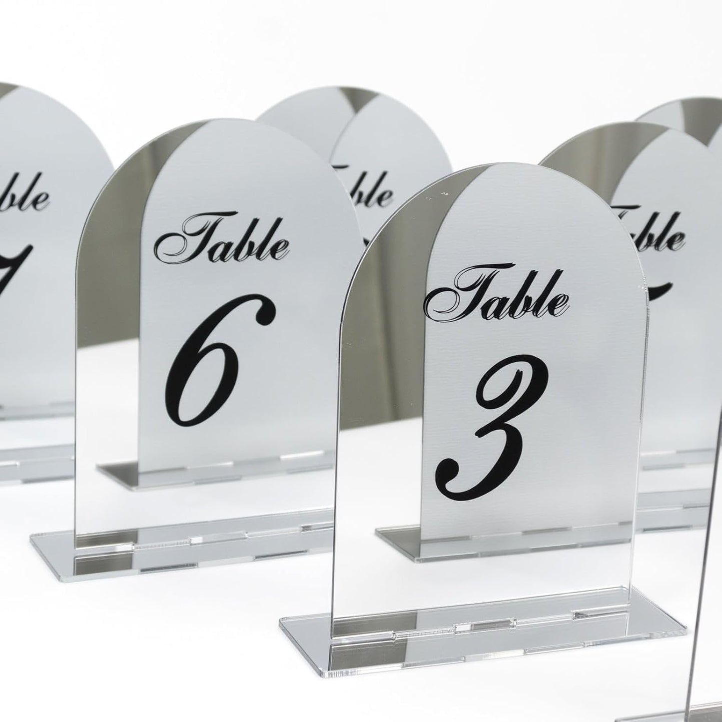 Efavormart Wedding Table Numbers 1-10 - Silver Mirror Arch Acrylic with Black Print & Stands for Elegant V1258-DP02-C-3148