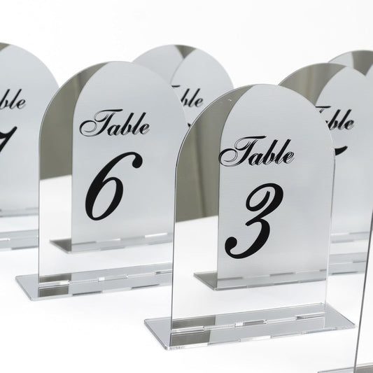 Efavormart Wedding Table Numbers 1-10 - Silver Mirror Arch Acrylic with Black Print & Stands for Elegant V1258-DP02-C-3148