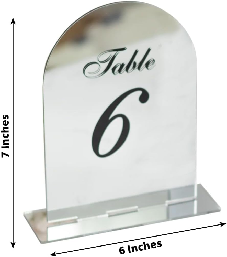 Efavormart Wedding Table Numbers 1-10 - Silver Mirror Arch Acrylic with Black Print & Stands for Elegant V1258-DP02-C-3148