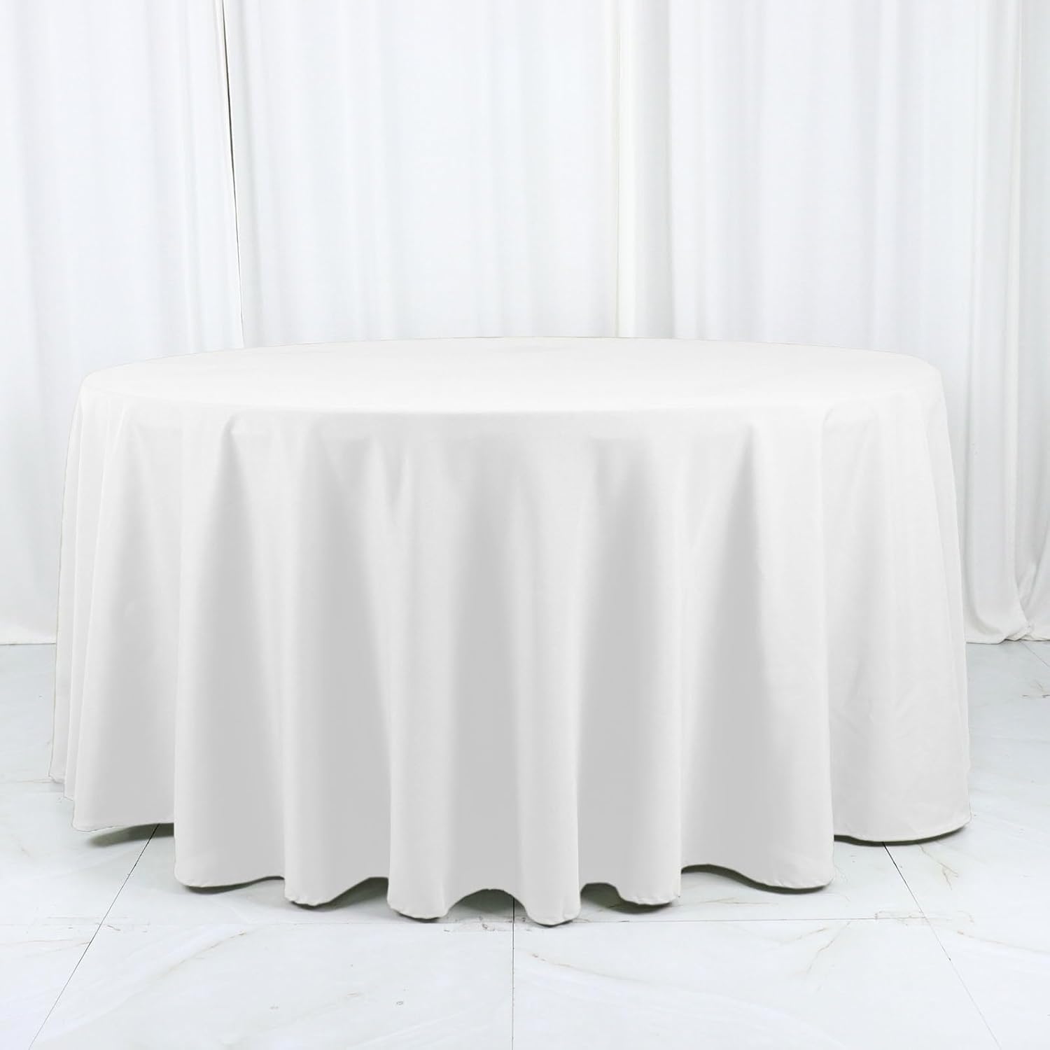 Efavormart White Cotton Blend Round Tablecloth 120" Seamless for 5 Foot Table with Floor-Length Drop V1258-DP02-C-3153