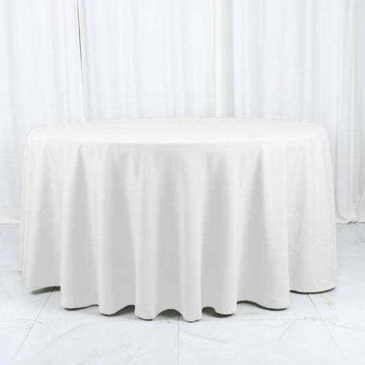 Efavormart White Cotton Blend Round Tablecloth 120" Seamless for 5 Foot Table with Floor-Length Drop V1258-DP02-C-3153