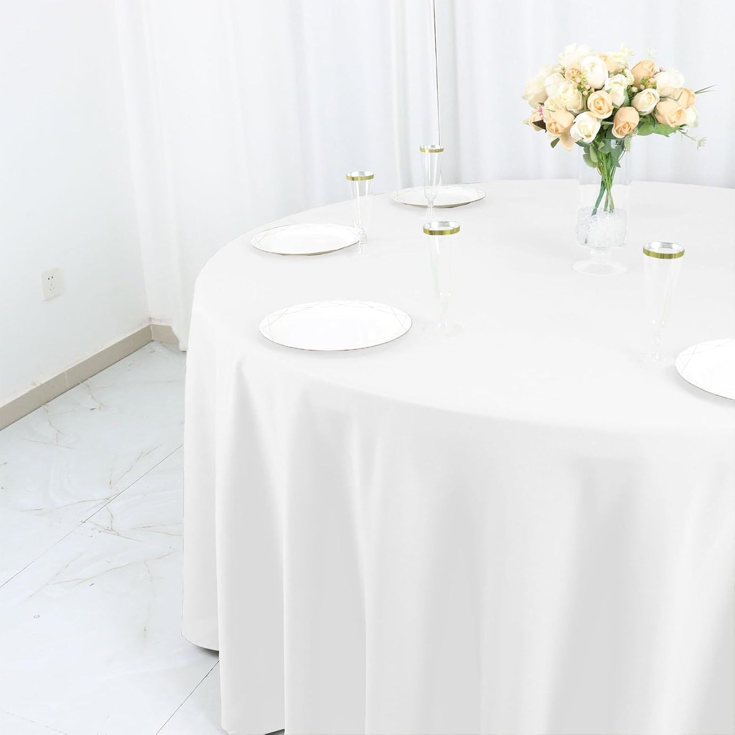 Efavormart White Cotton Blend Round Tablecloth 120" Seamless for 5 Foot Table with Floor-Length Drop V1258-DP02-C-3153