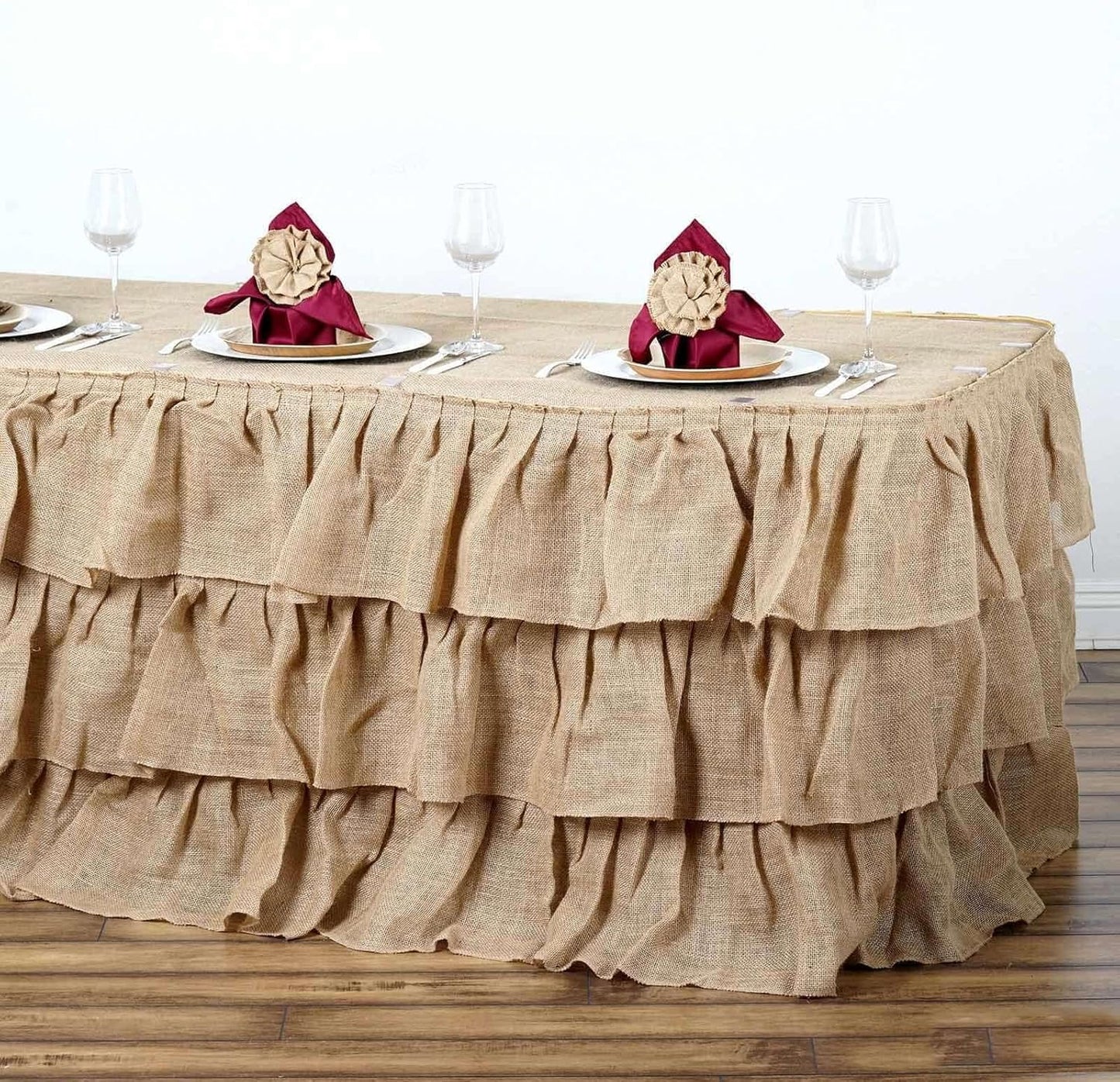Efavormart 3 Tier Rustic Elegant Ruffled Burlap Table Skirt for Kitchen Dining Catering Wedding Party V1258-DP02-C-3154