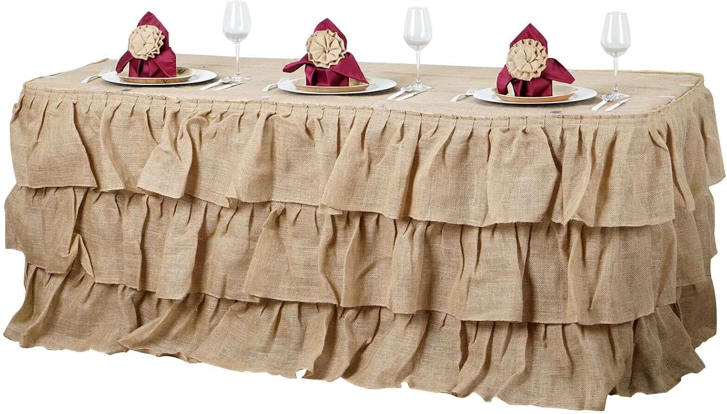 Efavormart 3 Tier Rustic Elegant Ruffled Burlap Table Skirt for Kitchen Dining Catering Wedding Party V1258-DP02-C-3154
