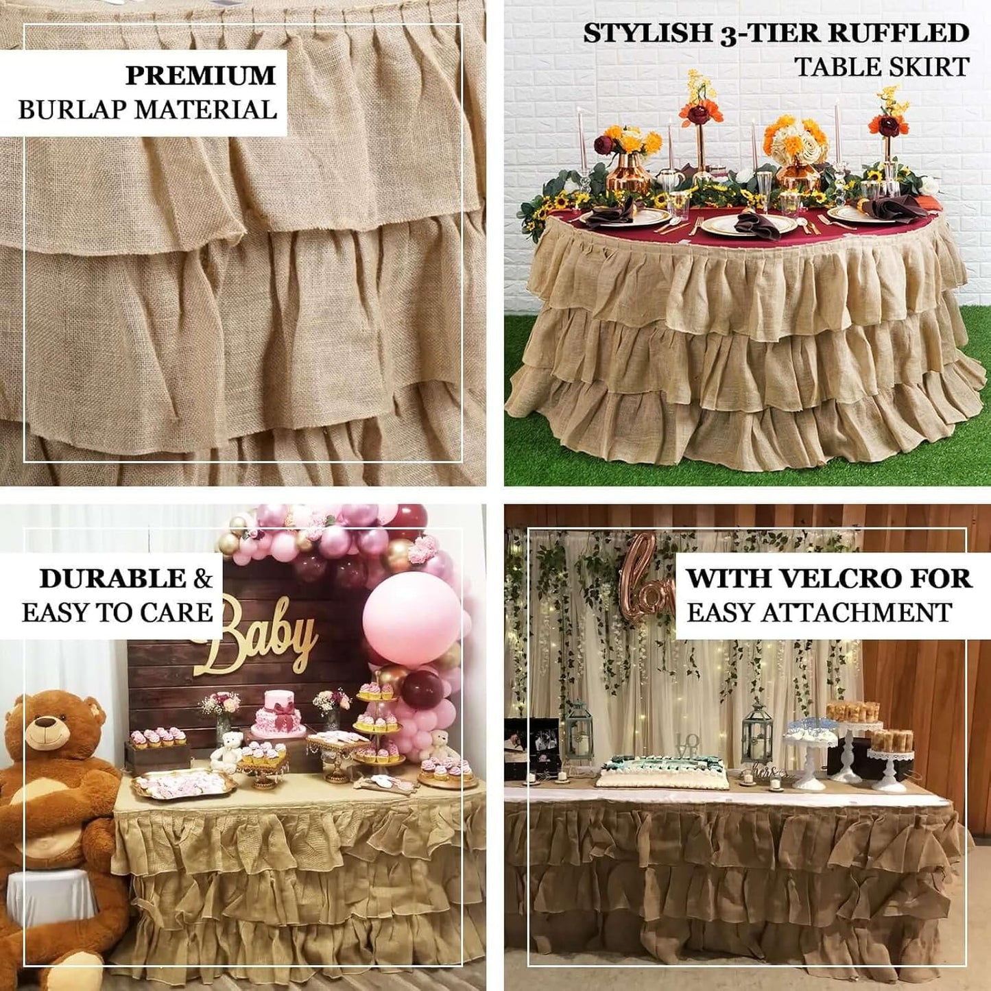 Efavormart 3 Tier Rustic Elegant Ruffled Burlap Table Skirt for Kitchen Dining Catering Wedding Party V1258-DP02-C-3154