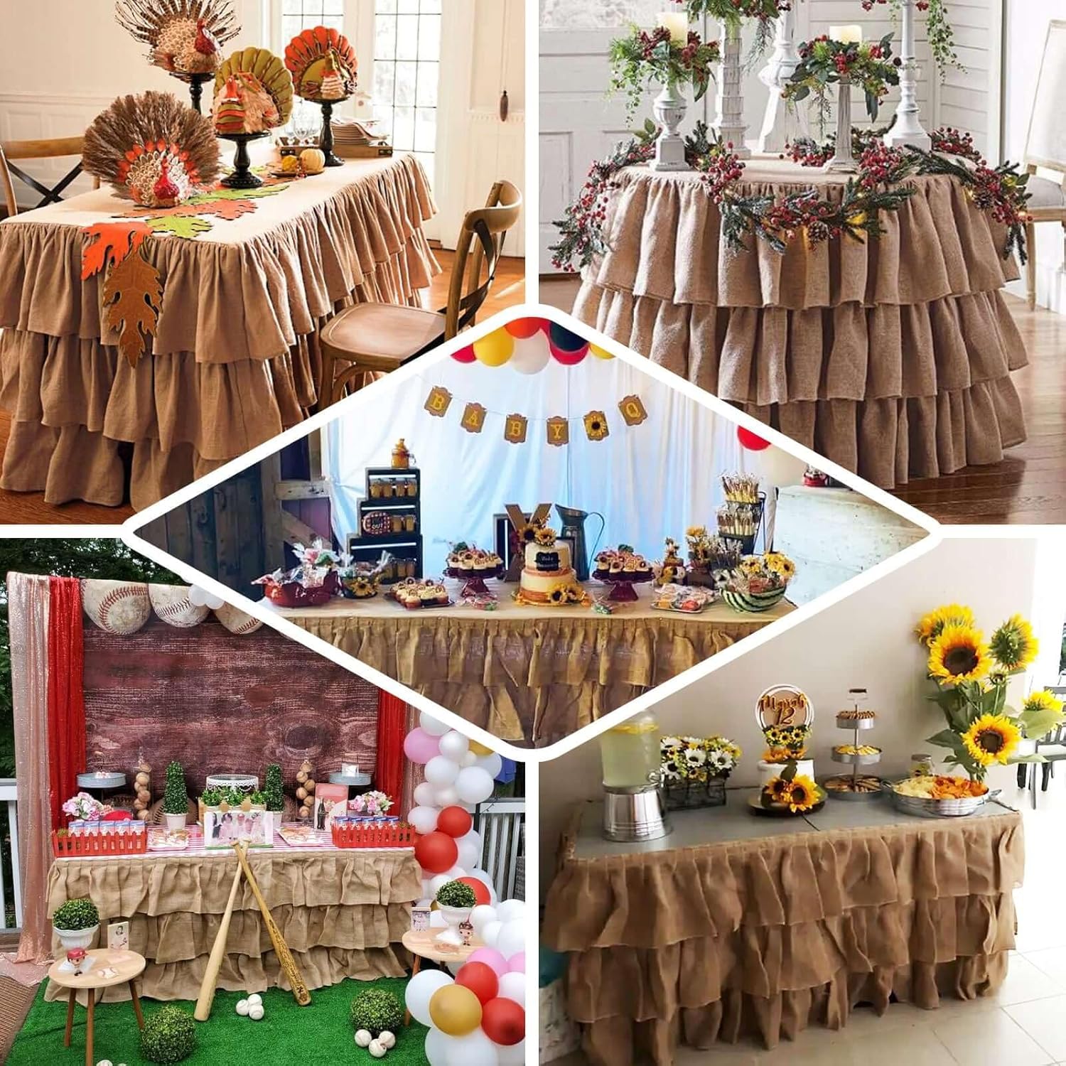 Efavormart 3 Tier Rustic Elegant Ruffled Burlap Table Skirt for Kitchen Dining Catering Wedding Party V1258-DP02-C-3154