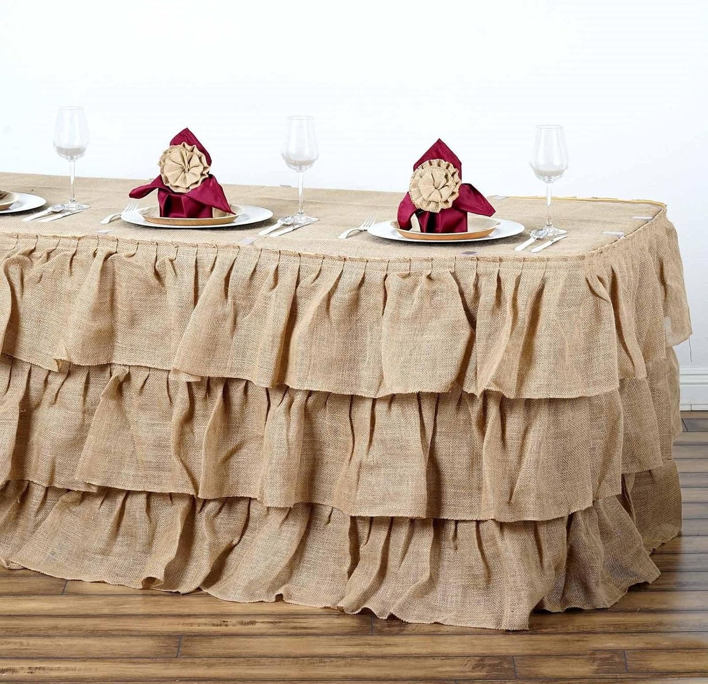 Efavormart 3 Tier Rustic Elegant Ruffled Burlap Table Skirt for Kitchen Dining Catering Wedding Party V1258-DP02-C-3154