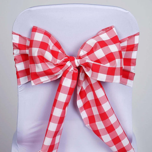 Efavormart 25 PCS Red/White Gingham Polyester Chair Sash Bowtie for Wedding Events Chair Bow Sash Party V1258-DP02-C-3156