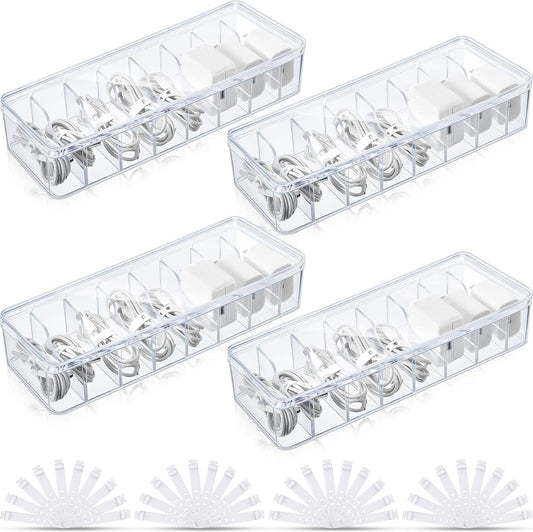4 Pcs Cable Organizer Box with Wire Ties, Plastic Cord Storage Box with Lid, Electronics Organizer for Home V1258-DP02-C-3164