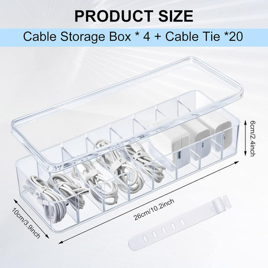 4 Pcs Cable Organizer Box with Wire Ties, Plastic Cord Storage Box with Lid, Electronics Organizer for Home V1258-DP02-C-3164