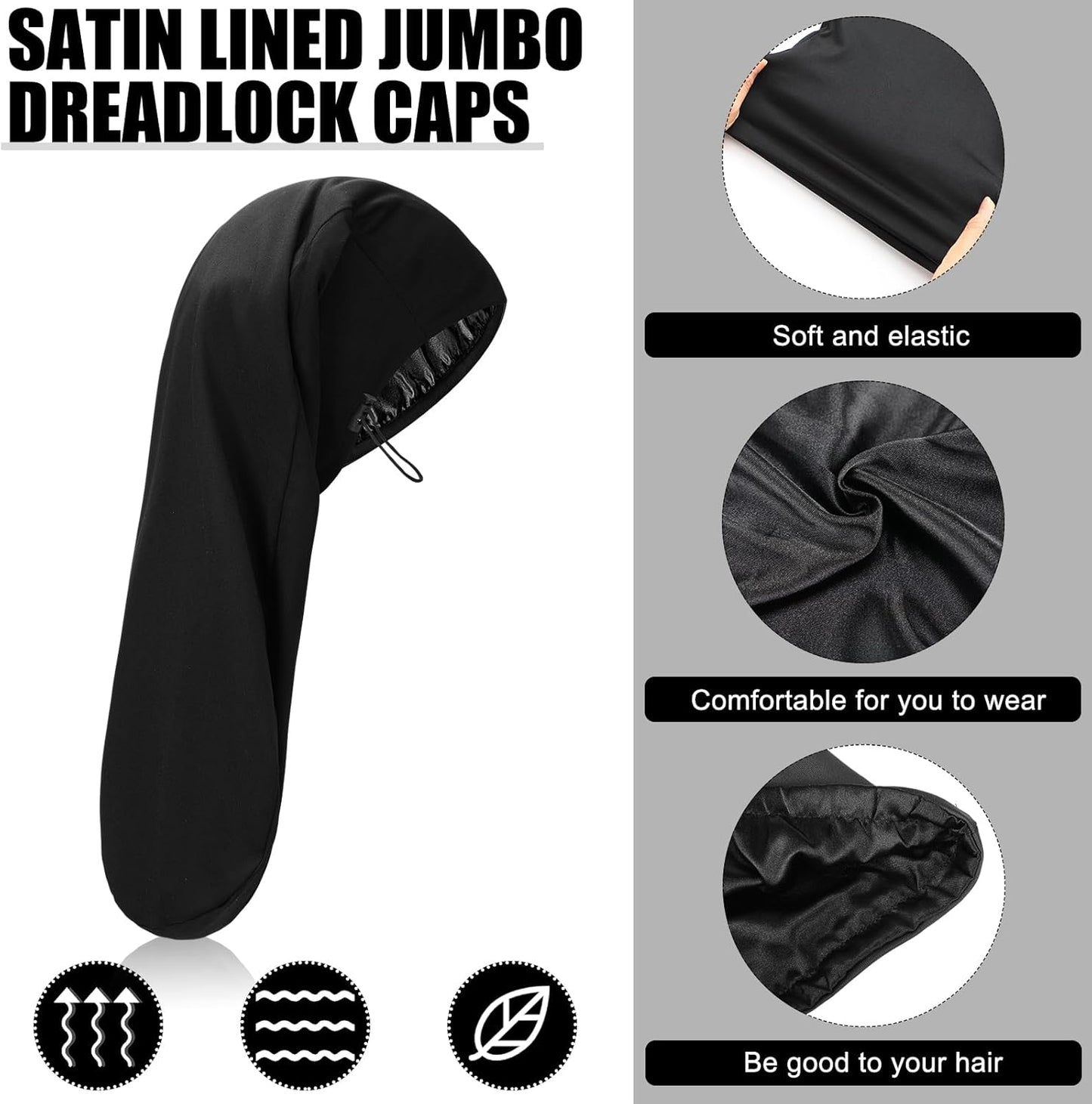 2 Pieces Satin Lined Unisex Jumbo Dreadlock Cap Long Dreads Hair Head Wrap Sleeping Cap Hair Accessories V1258-DP02-C-3167